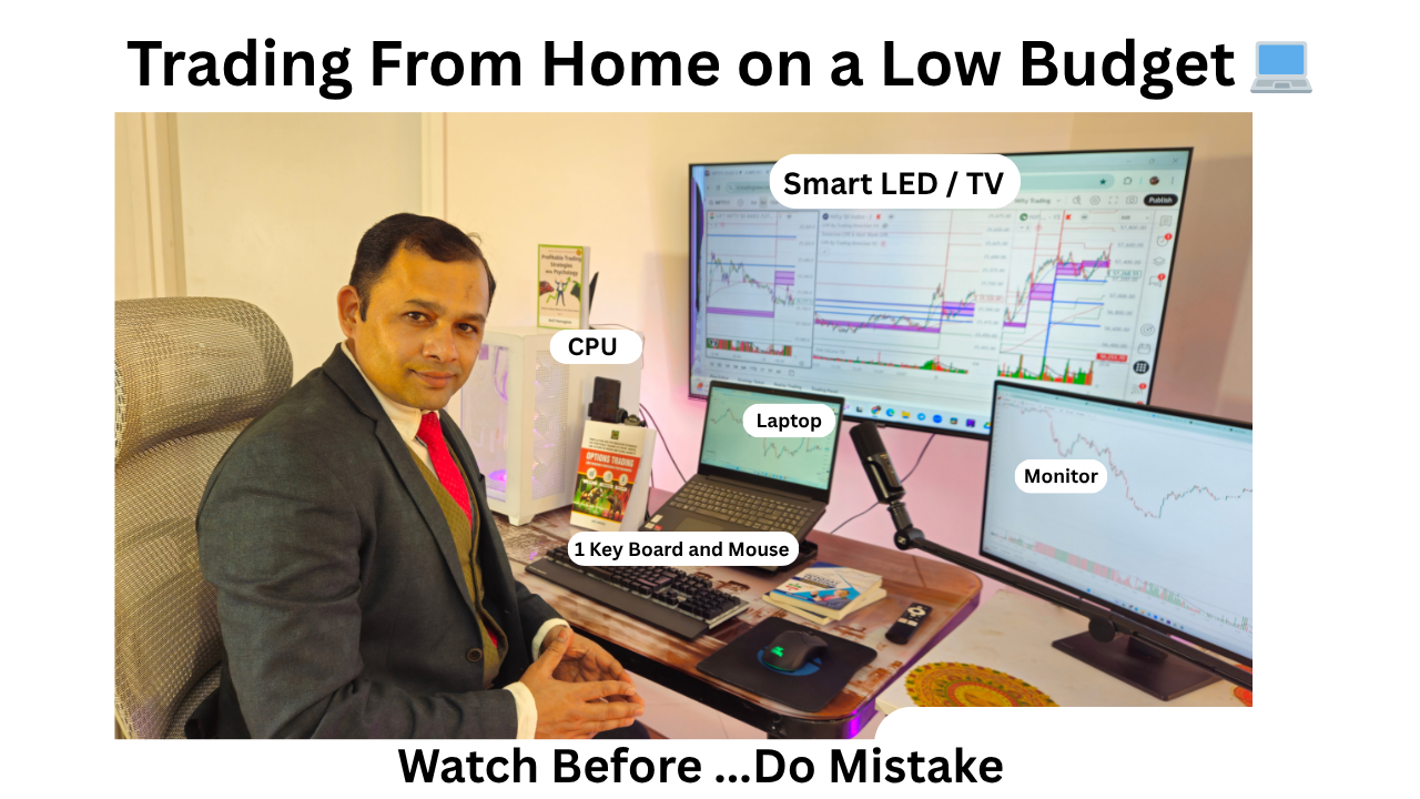 Low budget intraday trading setup at home: one laptop or PC connected by HDMI to a Smart TV, with an extra monitor, one keyboard and one mouse