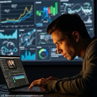 A content creator sits at a desk editing a video on a laptop, with social media analytics and graphs displayed on the screen in the background. The person looks focused and thoughtful, symbolizing the balance between creativity and performance metrics.