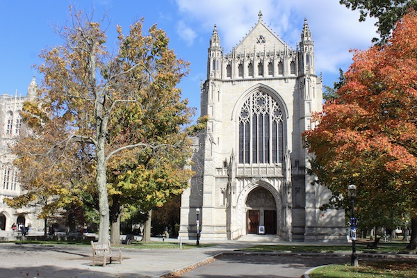 Exterior of the University Chapel and surrounding trees
