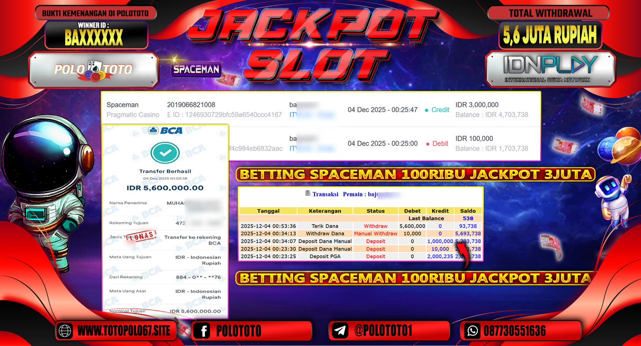 POLOTOTO JACKPOT SLOT SPACEMAN Rp.5.600.000,- LUNAS
