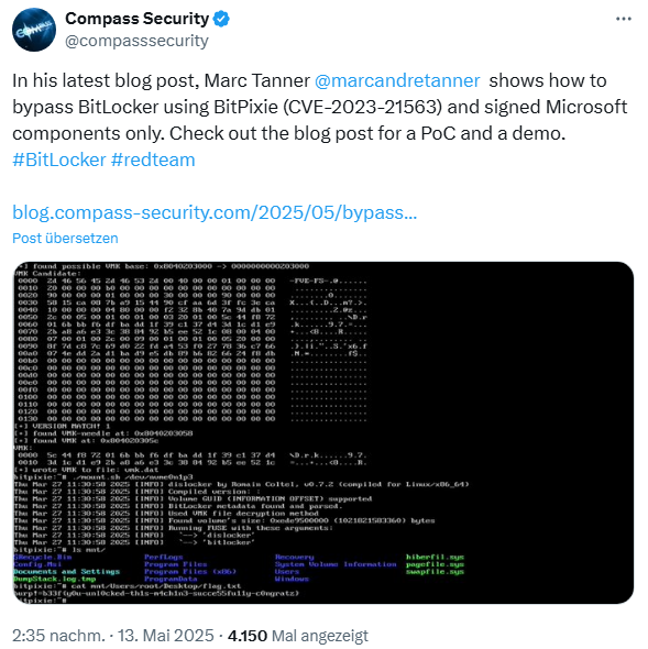 Windows: Bitlocker-Verschlüsselung über Bitpixie (CVE-2023-21563) ausgehebelt