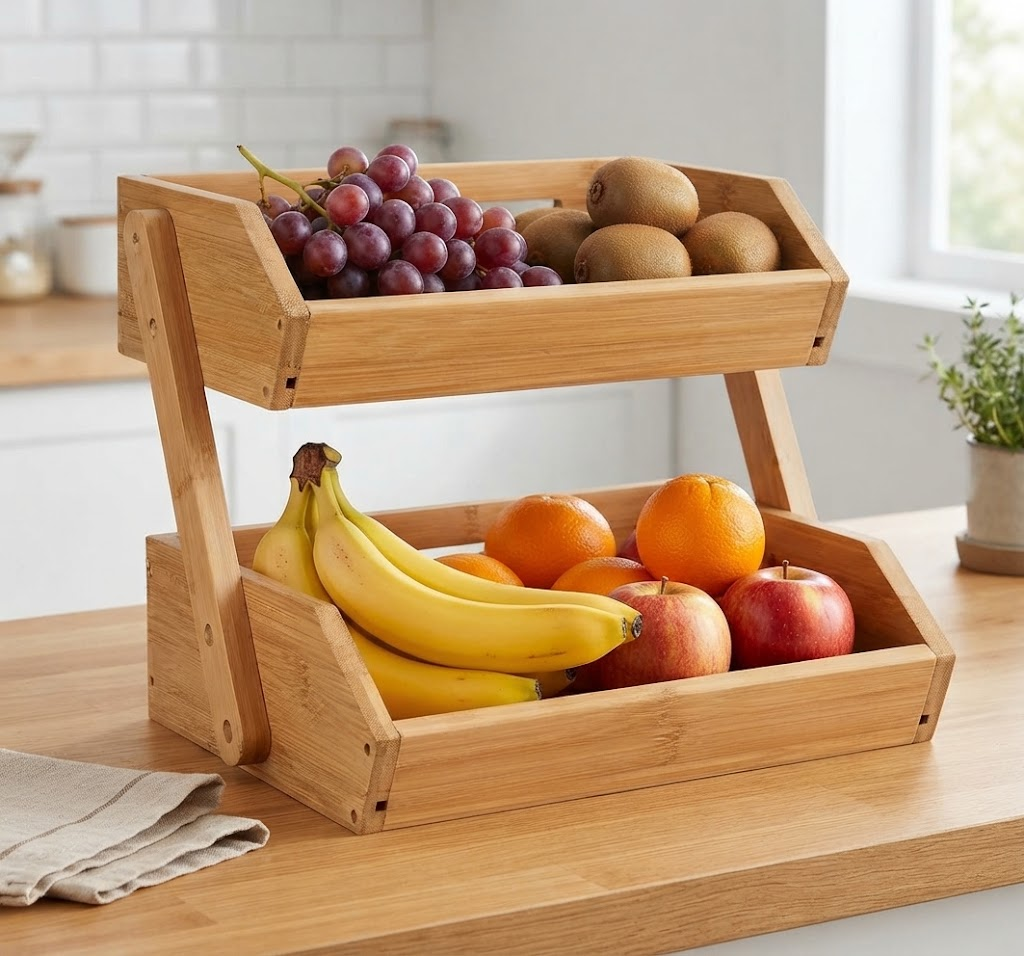 2 Tier Bamboo Fruit and Vegetable Storage Stand for Kitchen Countertop