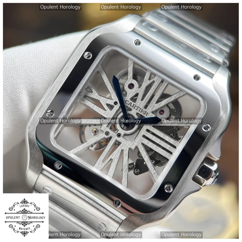 Cartier Santos Skeleton Replica Watch | 39.8mm Stainless Steel Metal Bracelet - Super Clone
