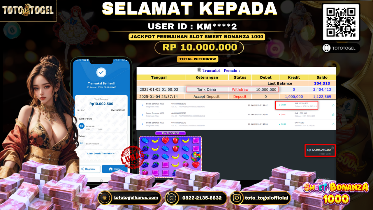 Bukti Pembayaran Jackpot  Permainan Slot Sweet Bonanza 1000 : KM****2 LUNAS