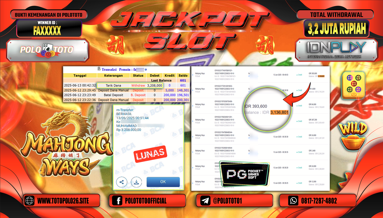 POLOTOTO JACKPOT SLOT MAHJONG WAYS Rp.3.208.000,-