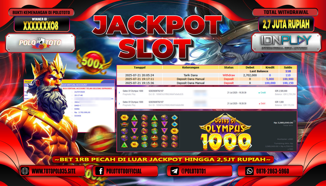 POLOTOTO JACKPOT SLOT GATES OF OLYMPUS 1000 Rp.2.702.000,- LUNAS