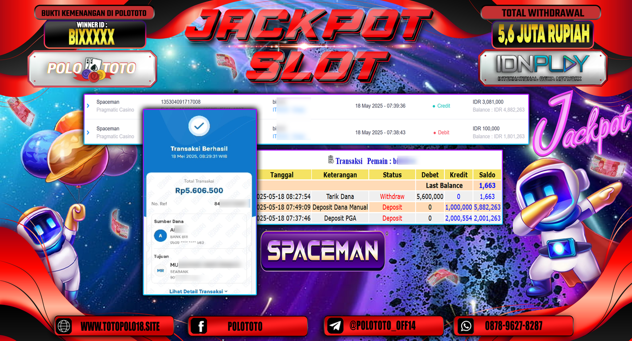 POLOTOTO JACKPOT SLOT SPACEMAN Rp.5.600.000,-