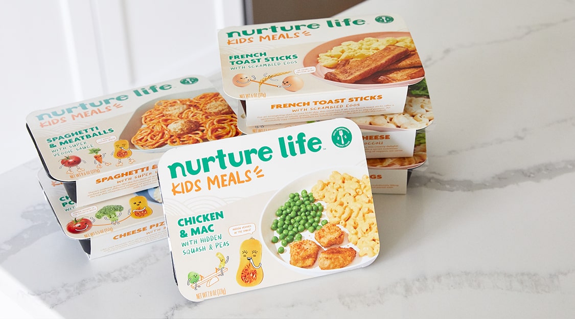 Variety of vibrant Nurture Life meals in their packaging