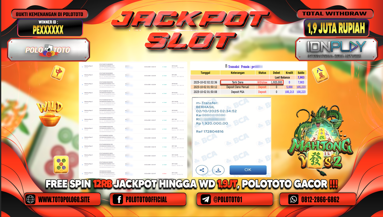 POLOTOTO JACKPOT SLOT MAHJONG WAYS 2 Rp.1.900.000,- LUNAS