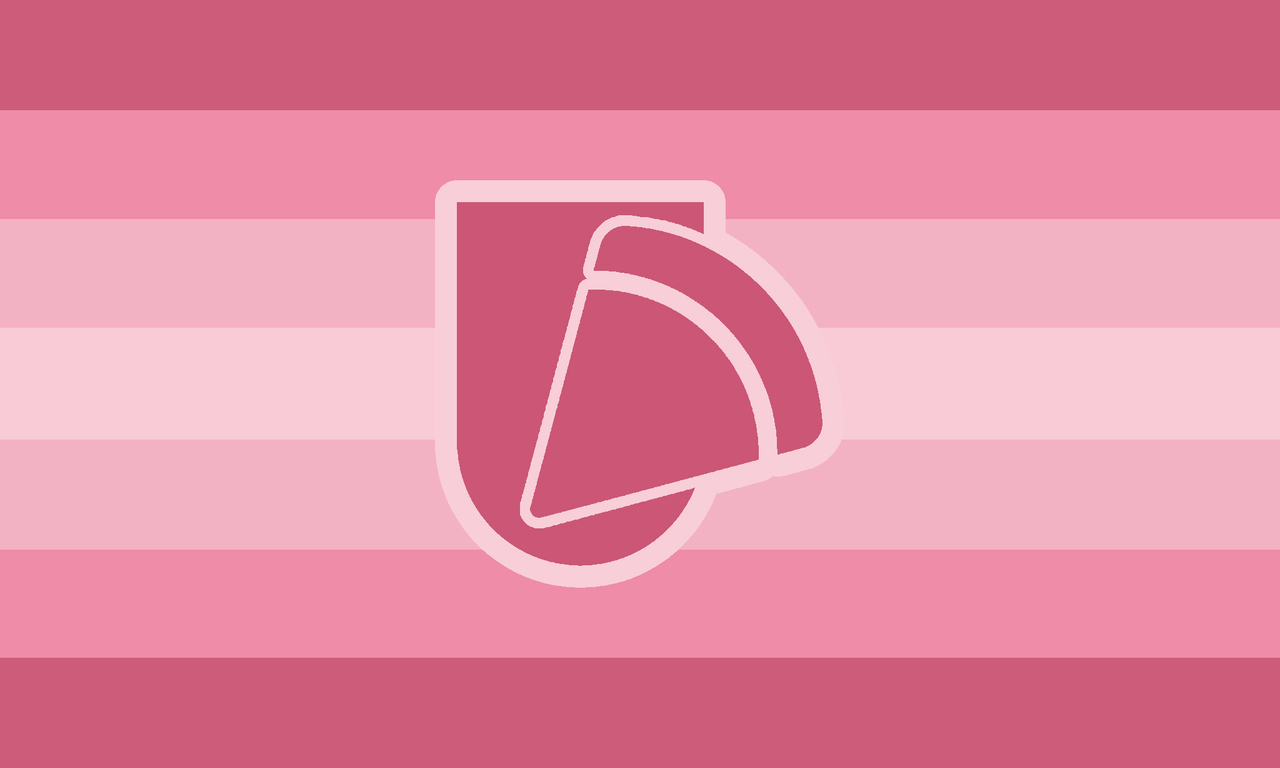 a flag with seven horizontal stripes. the colors, from the middle stripe outwards, form a gradient from pastel pink to desaturated pink. in the middle of the flag is a stylized, simplistic drawing of a tongue with a bird's eye view of a cake slice on it. the drawing is outlined in pastel pink.