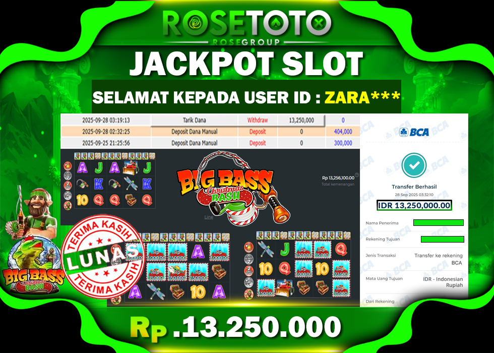 ROSETOTO JACKPOT SLOT BIG BASS CHRISTMAS BASH Rp.13.250.000.,- LUNAS