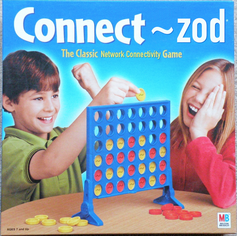 An image of a Connect-Four type game box, edited to read “Connect ~zod: The Classic Network Connectivity Game