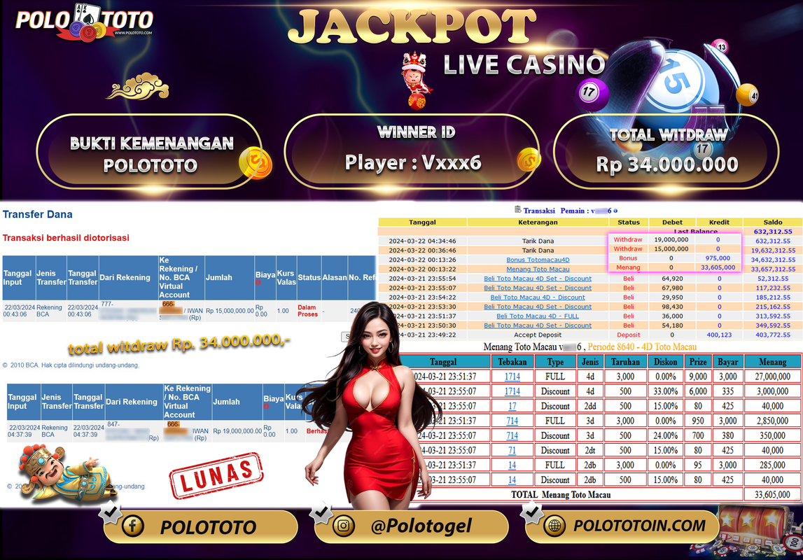 POLOTOTO JACKPOT LIVE GAME TOTO MACAU Rp 34.000.000,- LUNAS