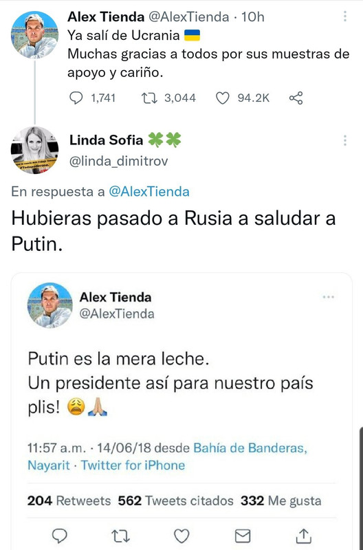 Tras escapar de Ucrania, filtran tweet de Alex Tienda apoyando a Vladimir Putin