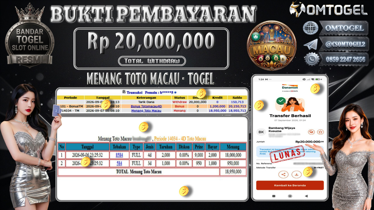 OMTOGEL JACKPOT MENANG TOTO MACAU 4D Rp.20,000,000,- DIBAYAR LUNAS