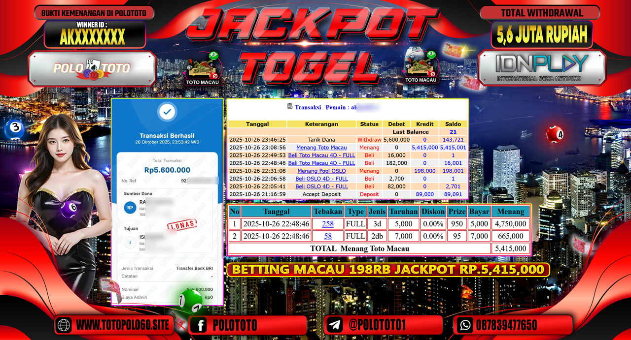 POLOTOTO JACKPOT TOGEL MENANG TOTO MACAU Rp.5.600.000,- LUNAS
