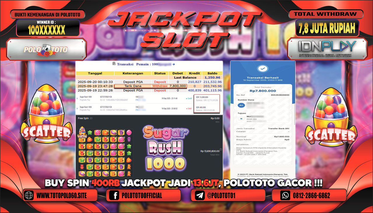 POLOTOTO JACKPOT SLOT SUGAR RUSH 1000 Rp.7.800.000,-