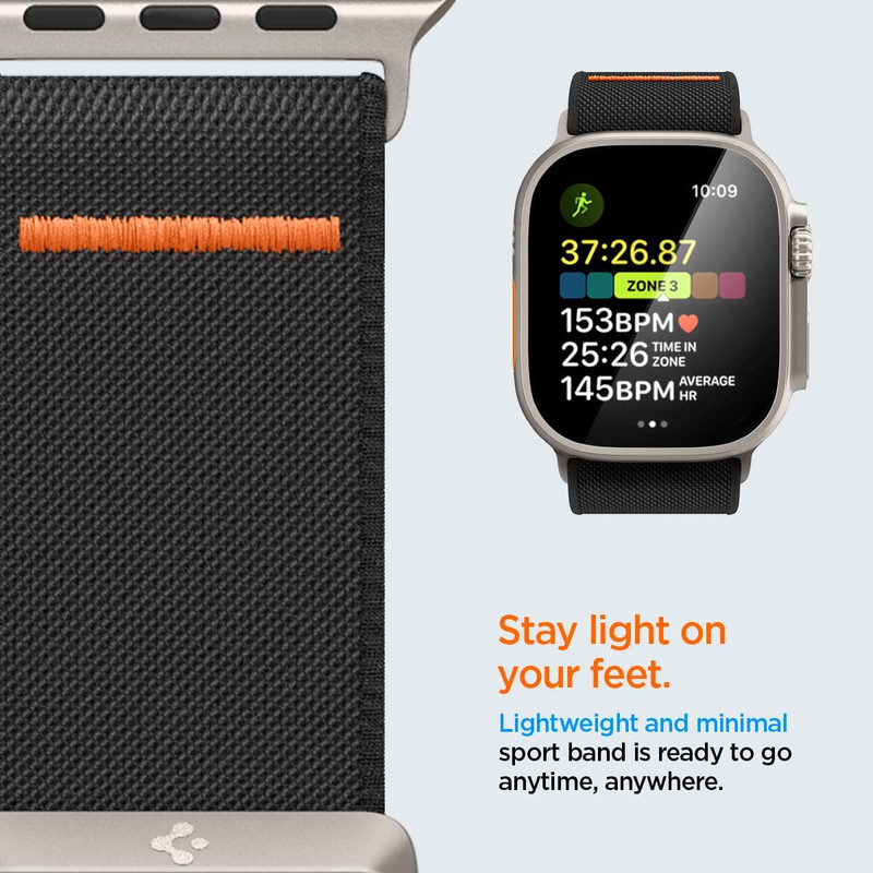 Correa Spigen Lite Fit Ultra en un Apple Watch, mostrando su material de nylon.