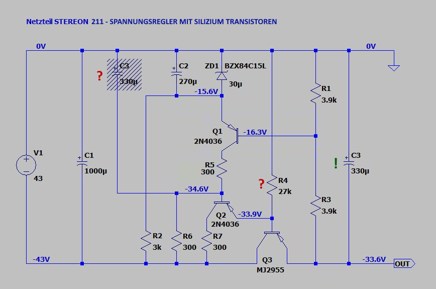 Stereon 211 Schaltplan Netzteil linearer Spannungsregler negativ Vorschlag mit bipolaren Transis