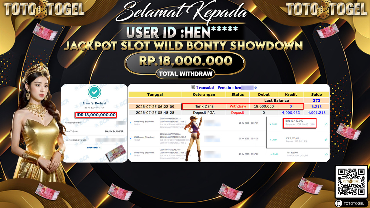 Bukti Pembayaran Jackpot SLOT WILD BONTY SHOWDOWN ID:HEN****LUNAS