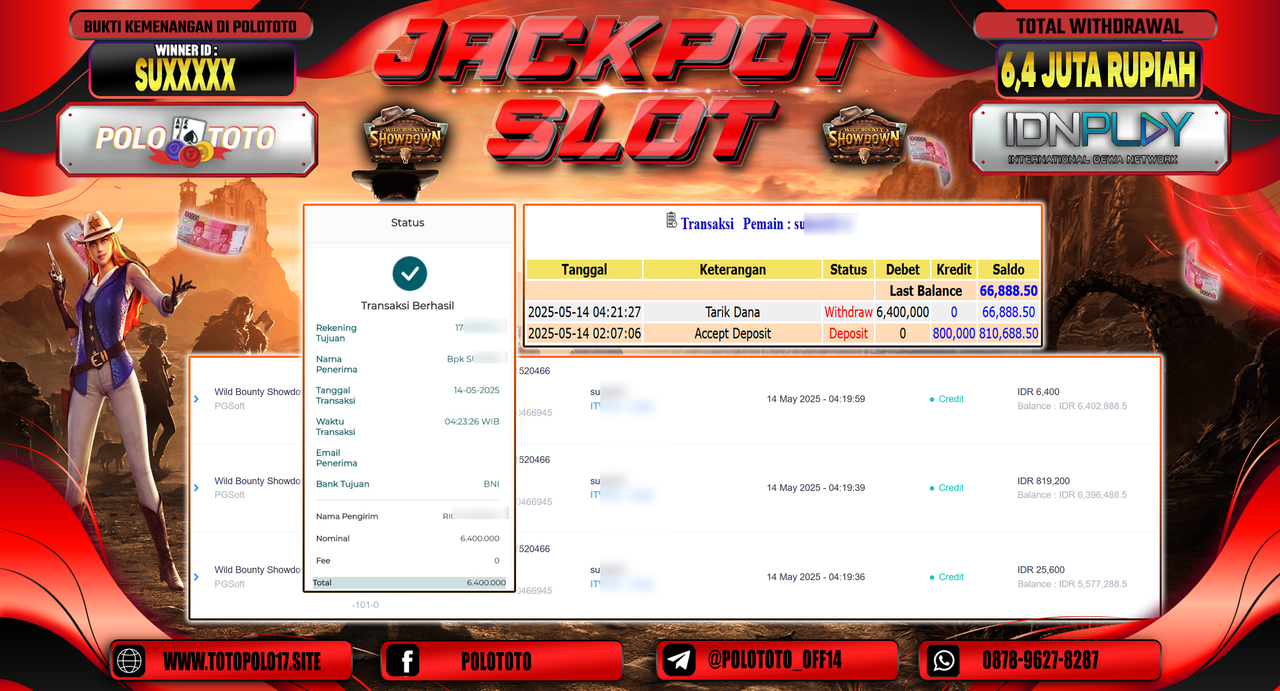 POLOTOTO JACKPOT SLOT WILD BOUNTY SHOWDOWN Rp.6.400.000,-