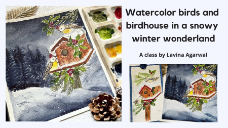 Watercolor Birds and Birdhouse in a Snowy Christmas Winter Wonderland