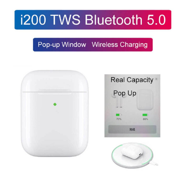 Detalle de los audífonos i200 TWS y su estuche de carga.