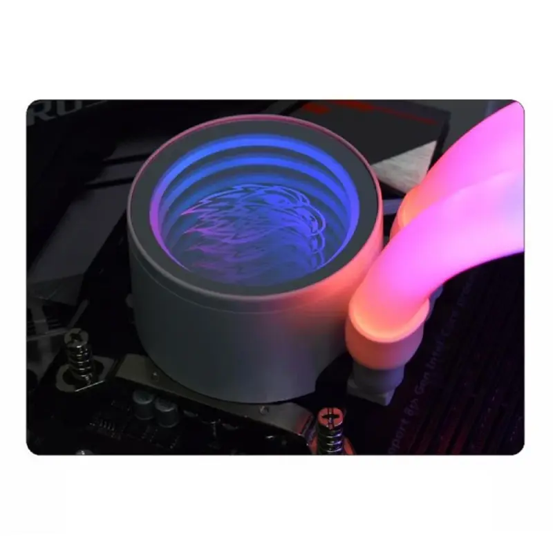 Water cooler WAC5 instalado em um gabinete branco, mostrando o efeito de iluminação