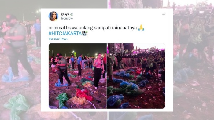 Viral unggahan Twitter yang menunjukan lokasi pelaksanaan festival Head in The Clouds dipenuhi sampah jas hujan usai acara.