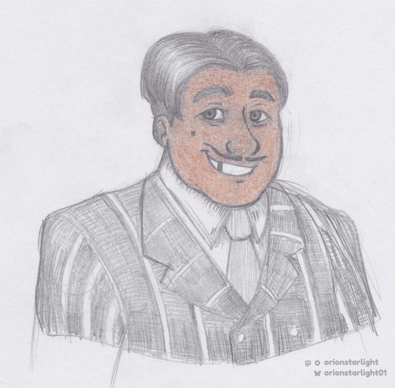 My drawing of Gomez Addams from Netflix’s Wednesday show where he is portrayed by Luis Guzmán. He is grinning at the viewer.