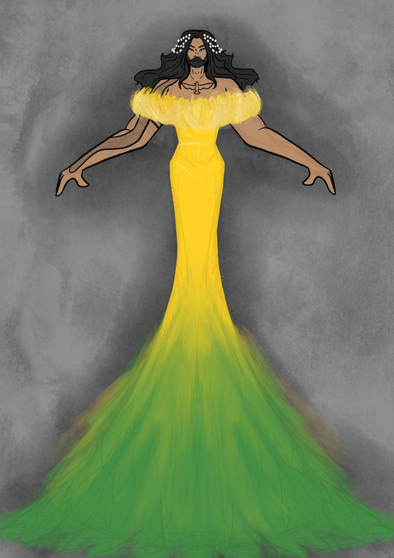 Ed's gown transformed into a dandelion, with a yellow feathery bodice and a green skirt, resembling a stem and grass