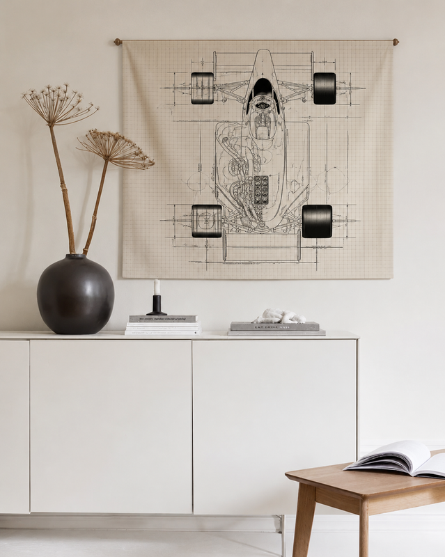 racing car fabric flag hanging on a wall