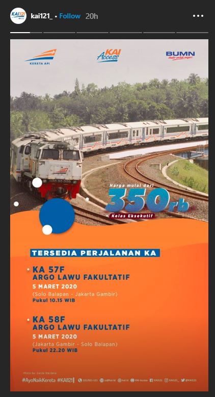 Jadwal dan tarif tiket KA Argo Lawu Fakultatif.