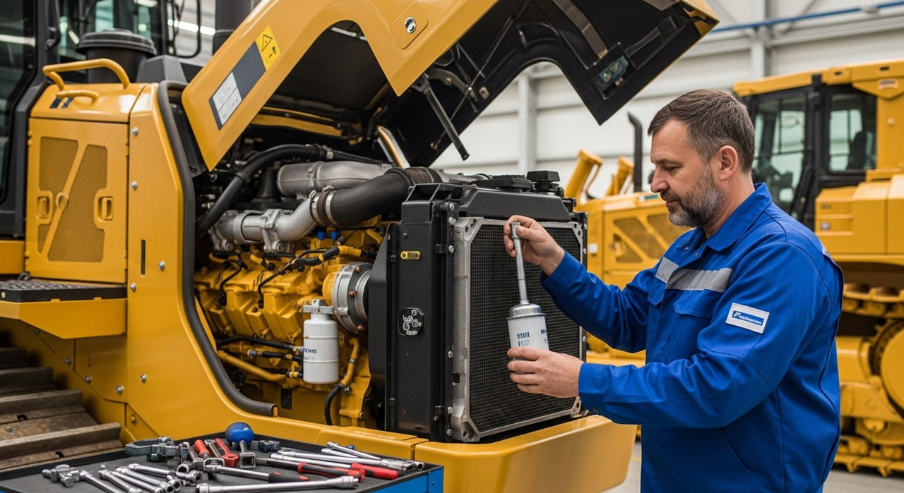 Опытный механик проводит замену топливного фильтра в двигателе спецтехники для профилактики аварийных остановок