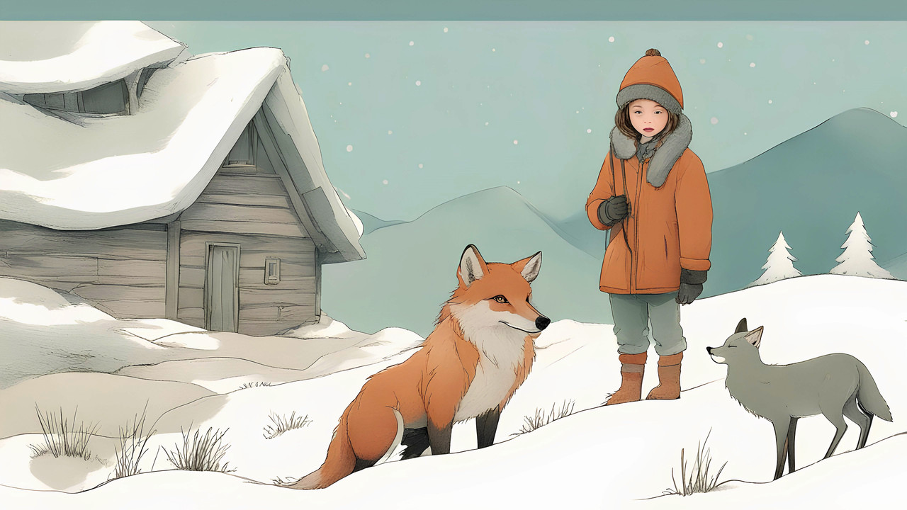 a-child-on-the-mountain-a-wolf-a-fox