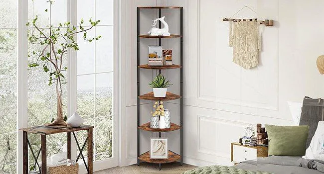 6-tier rustic ladder corner shelf rack in living room