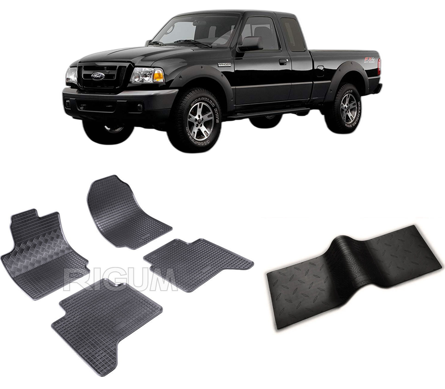 Set covorase auto FORD RANGER din 2012-11.2015, cu covoras tunel median, CAROSERIE PICK-UP, Presuri cauciuc 100%, compatibil cu autoturismul FORD RANGER, Rigum