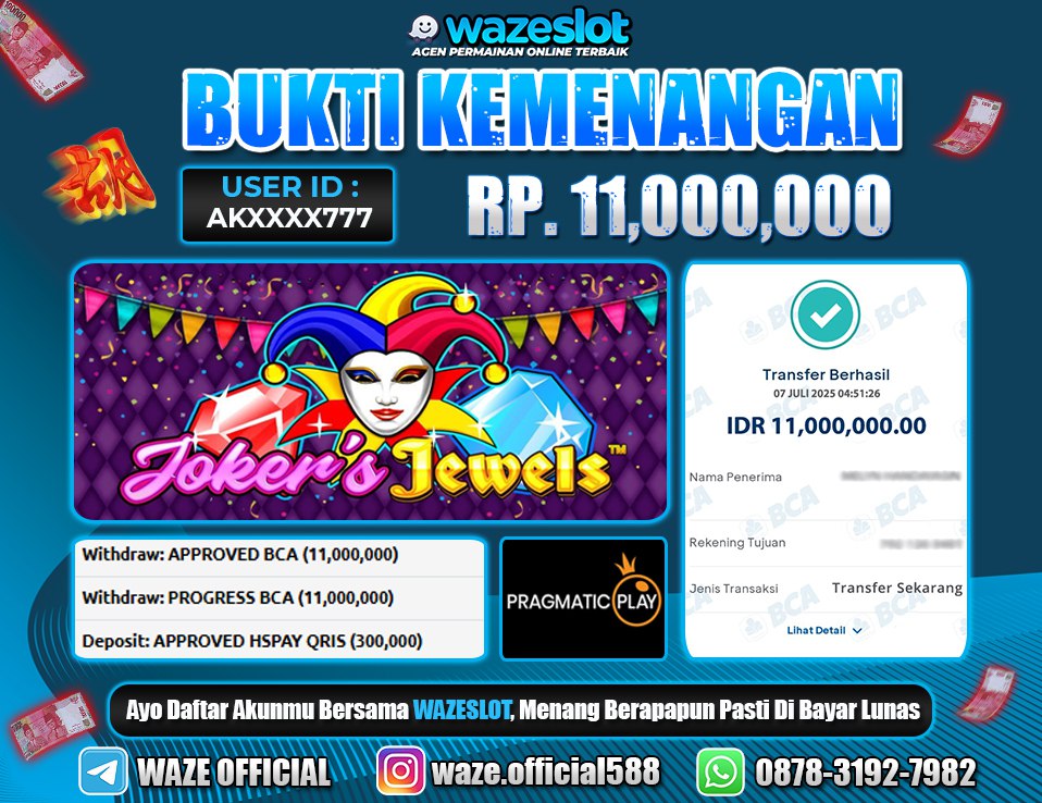 BUKTI KEMENANGAN 07 JULI 2025 DI GAME  JOKER JEWEL'S ( PRAGMATIC PLAY )
