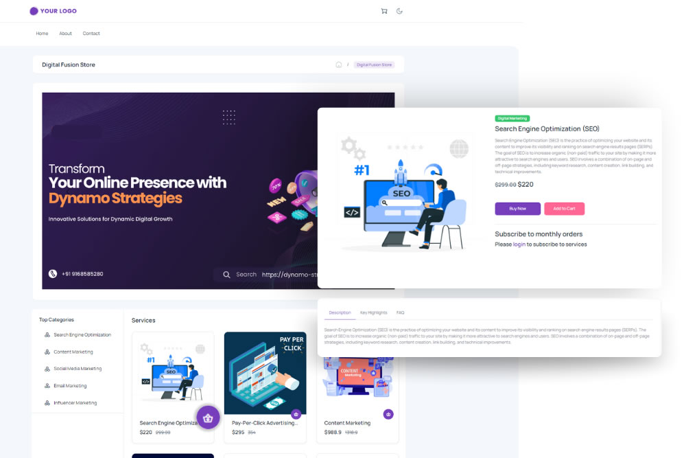 A digital marketing dashboard displaying service options, including "Search Engine Optimization (SEO)", pricing, and illustrations of online business concepts.