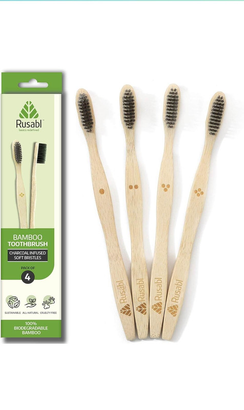 Rusabl Organic Bamboo Toothbrush with Charcoal Activated Soft Bristles