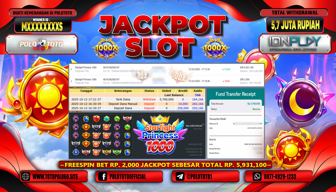 POLOTOTO JACKPOT SLOT STARLIGHT PRINCESS 1000 Rp.5.700.000,- LUNAS