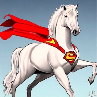 White horse facing right with red cape and S symbol on chest