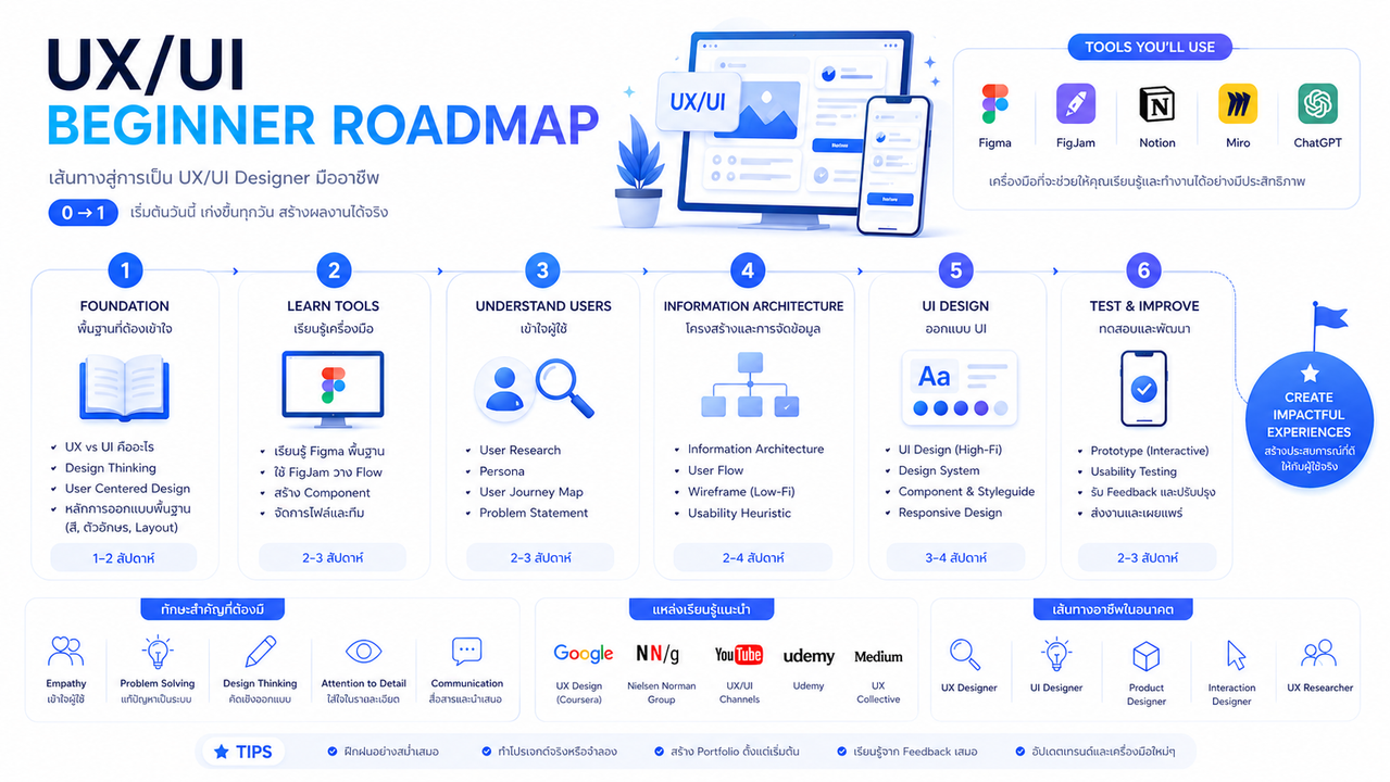 UX/UI เริ่มต้นต้องเรียนอะไรบ้าง? คู่มือสำหรับมือใหม่จาก 0 → 1