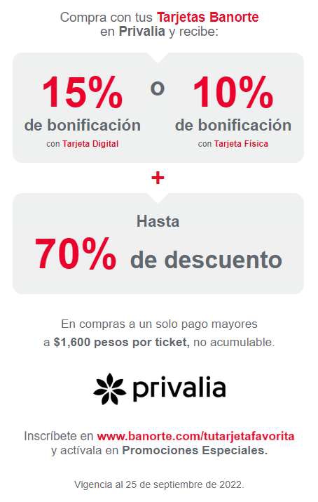 Banorte y Privalia: 15% de Bonificación directa con Tarjeta de Débito y Crédito Digital 
