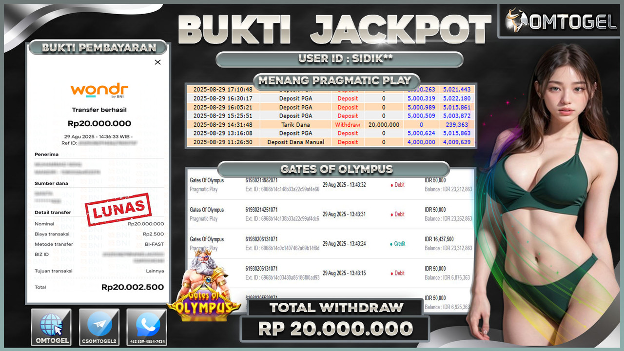 OMTOGEL JACKPOT PRAGMATIC PLAY GATES OF OLYMPUS 20 JUTA DI BAYAR LUNAS ,-