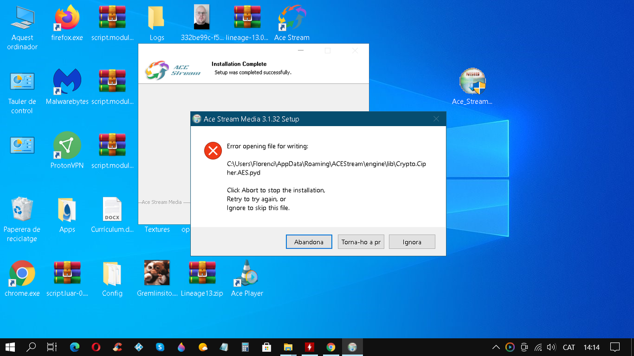 Me sale este mensaje de error justo cuando se instala y acestream engine player no ab