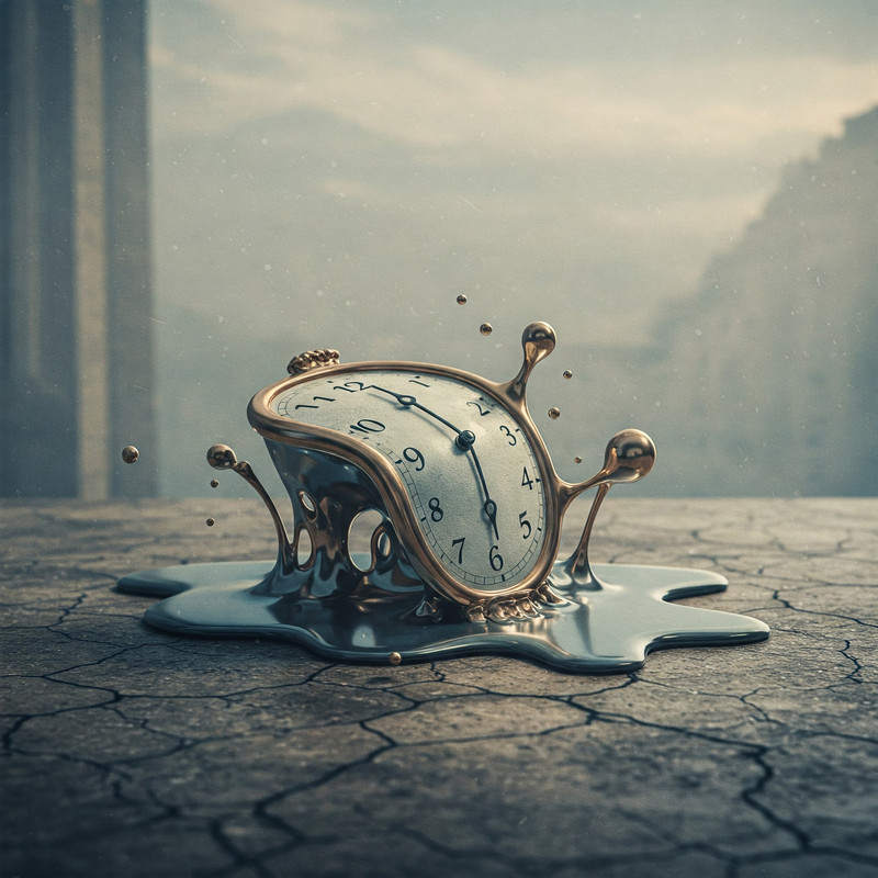 A stylized image of a clock face melting or warping, symbolizing the distortion and flexibility of time itself, with a starry background and abstract lines representing spacetime.