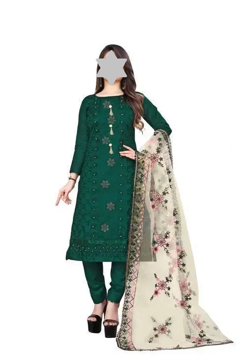 Women's Green Floral Embroidered Cotton Suits & Dress Materials (R116)