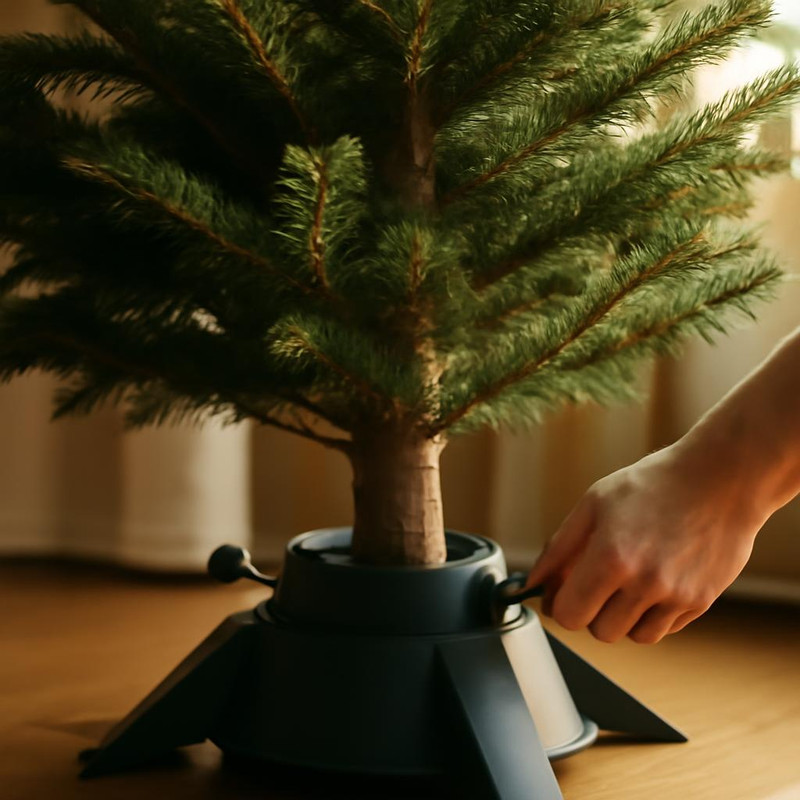 Установка живой елки в подставку с резервуаром для воды