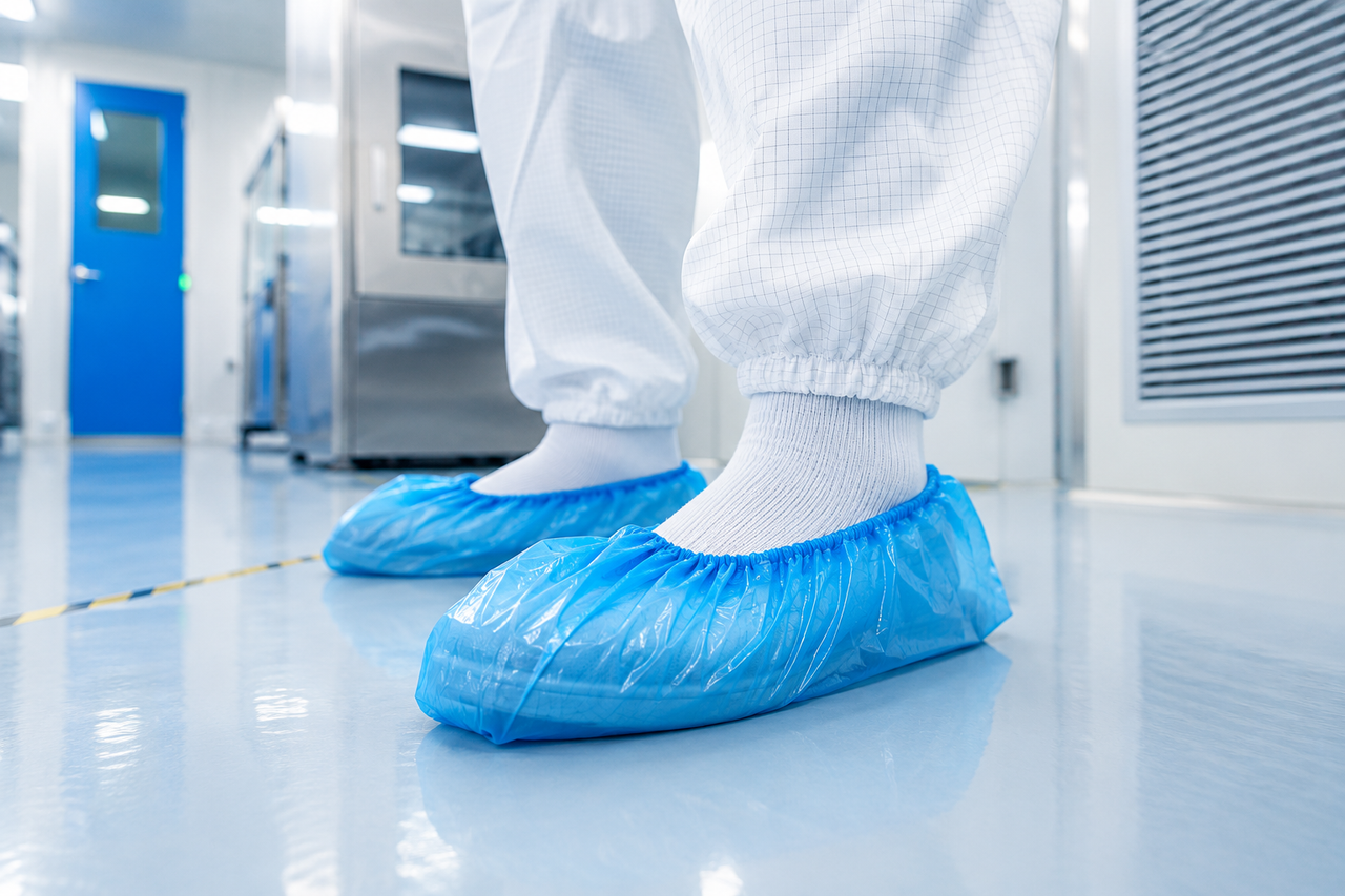 ตัวอย่างการใช้งานถุงคลุมรองเท้าพลาสติกในโรงงาน